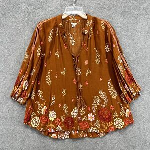 Ecote Top Womens Medium Brown Boho Floral Slit Sleeves Fairy Tunic Blouse relaxe